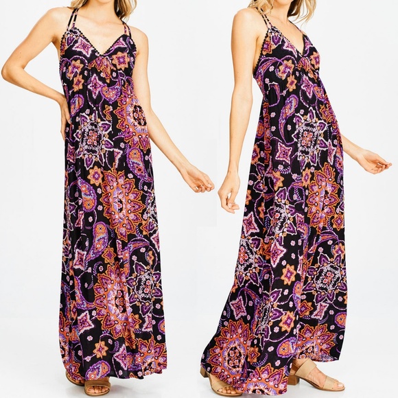 Last☝️ Paisley Ethnic BOHO Crochet Trim Maxi Dress - Picture 7 of 8